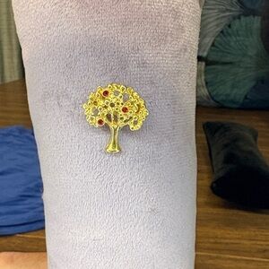 Gold Tree Brooch with Red Accents